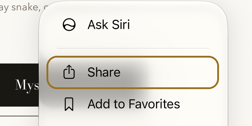 Safari's page menu, with Share marked.